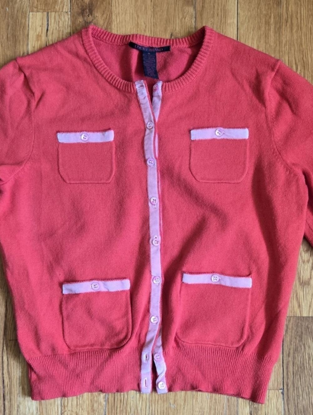 Lucky Brand Raspberry Pink Cotton Blend Cardigan Sweater With Ribbon Trim Size M